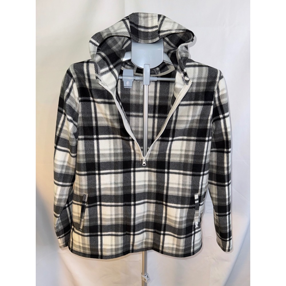 O'Neill Mens Plaid Fleece Hoodie Quarter Zip Pullover Black White Grey Medium